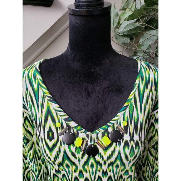 Ruby Rd. Blouse Top Womens 2X Green Printed Beaded V Neck Long Sleeve Pullover - Picture 10 of 12